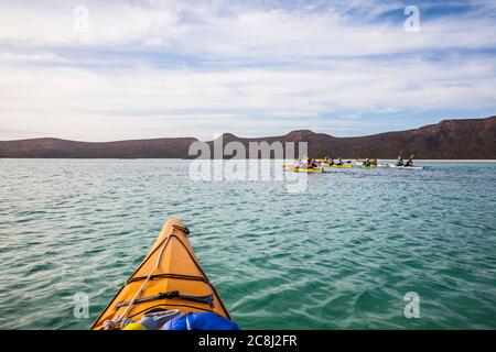 A guided sea kayaking tour offshore paddling in a lagoon off Isla Espirito Santo, Gulf of California, BCS, Mexico. Stock Photo