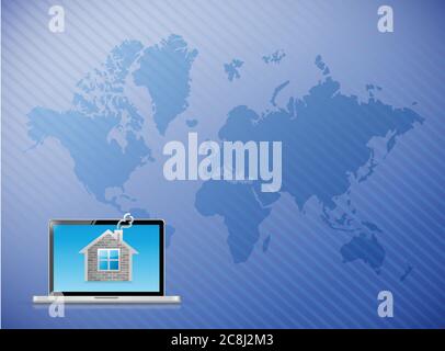 Telecommunication laptop home world map illustration design Stock Vector