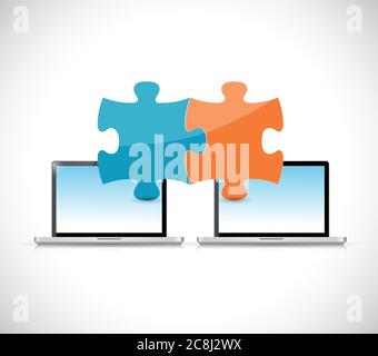 Laptops puzzle pieces illustration design over a white background Stock Vector