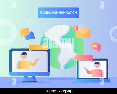 People on laptop and computer screen talking background of earth global communication concept with flat style. Stock Vector