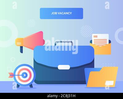 Executive suitcase background of goal target file folder open mail megaphone job vacancy concept with flat style . Stock Vector