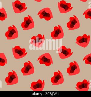 cute bright floral seamless pattern with red poppy flowers on beige background Stock Vector