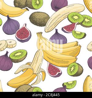 Kiwi banana fig fruit graphic color seamless pattern background sketch illustration vector Stock Vector