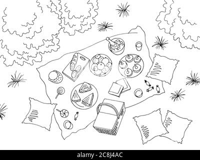 Picnic view from above top graphic black white landscape sketch illustration vector Stock Vector