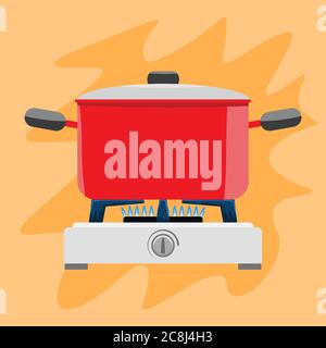 Cooking pot on gas stove. Flat and solid color vector illustration. Stock Vector