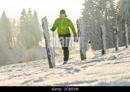 Young woman on the way with nordic cruising skis in wintry nature Stock Photo