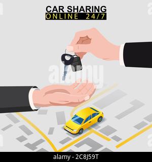 Car sharing isometric. Hand transfers car keys to another hand with city map route and points location yellow car. Online mobile application order Stock Vector