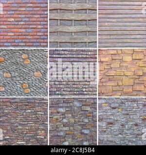 Collage of various square stone and concrete textures for decorative outdoor decoration. High resolution textures, close-up, copy space. Stock Photo