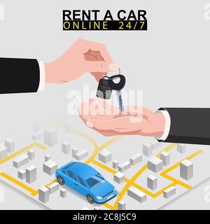 Car sharing isometric. Hand transfers car keys to another hand with city map route and points location blue car. Online mobile application order Stock Vector