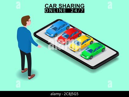 Car sharing isometric. Man near smartphone screen with cars of different colors city map route and points location blue car. Online mobile application Stock Vector