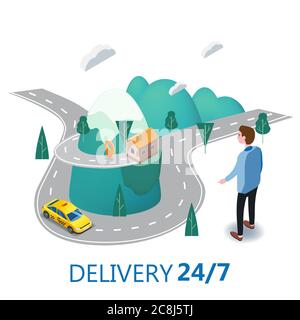 Taxi service isometric. Map road man near and yellow car. Landscape mountains. Landing online mobile application order taxi service. Vector Stock Vector