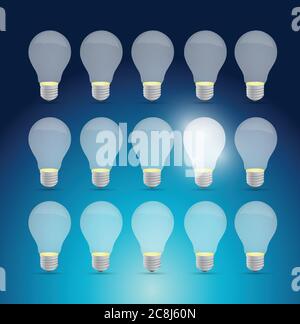 Set of light bulbs and one bright idea. illustration design over a blue background Stock Vector