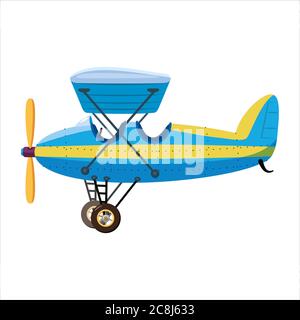 Vintage airplane monoplane cartoon retro blue colour. Vector isolated cartoon style Stock Vector