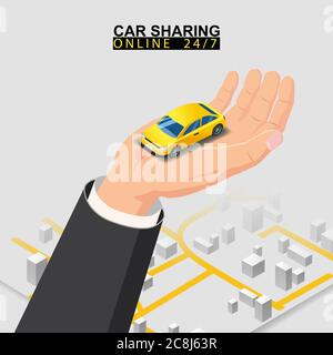Car sharing isometric. Hand hold yellow car with city map route. Online mobile application order service. Vector illustration for car sharing service Stock Vector