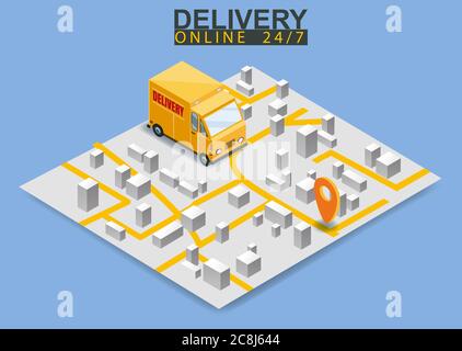 Isometric delivery truck concept. Map city logstics online shopping ecommerce concept isometric. Vector isolated background Stock Vector