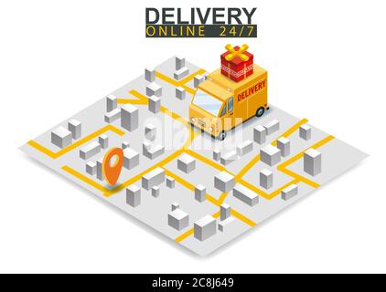 Isometric delivery truck concept. Map city logstics online shopping ecommerce concept isometric. Vector isolated background Stock Vector