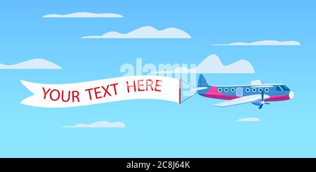 Cargo airplane aircraft with advertising banner ribbon in the cloudy sky. Vector isolated illustration Stock Vector