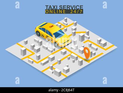 Taxi service isometric. Smartphone with city map route and points location yellow car. Taxi app on display. Online mobile application order taxi Stock Vector
