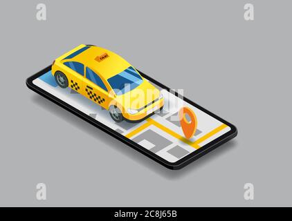Taxi service isometric. Smartphone with city map route and points location yellow car. Taxi app on display. Online mobile application order taxi Stock Vector