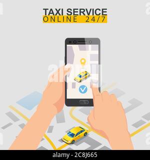 Taxi service isometric. Taxi mobile app template set. Smartphone with city map route and points location yellow car. Online mobile application order Stock Vector