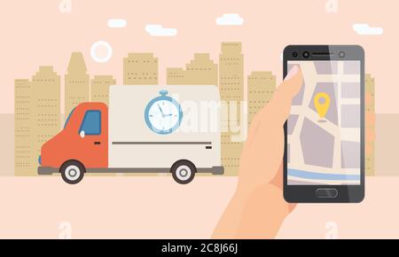 Delivery truck service. Hand hold smartphone application for parcel shipment tracking map. 24 7 delivery van. Vector illustration logistics poster for Stock Vector