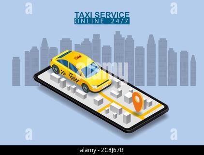 Taxi service isometric. Smartphone with city map route and points location yellow car. Taxi app on display. Online mobile application order taxi Stock Vector