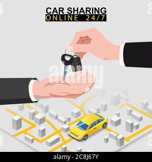 Car sharing isometric. Hand transfers car keys to another hand with city map route and points location yellow car. Online mobile application order Stock Vector