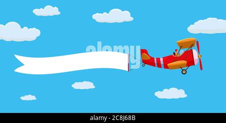 Red retro airplane aircraft with advertising banner ribbon in the cloudy sky. Vector isolated illustration Stock Vector