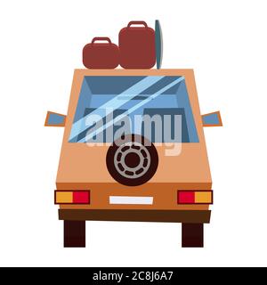 Back view car with suitcases and a surfboard cartoon style. Vector illustration. Isolated on white background. Stock Vector