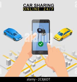 Car sharing isometric. Smartphone screen with city map route and points location car. Online mobile application order service. Vector illustration for Stock Vector