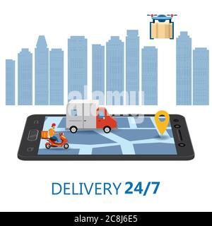 Online Delivery Concept and Shopping Online. Smartphone with moped, truck, drone, buyer, 3d vector isometric illustration Mobile Application. Concept Stock Vector