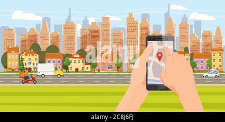 Delivery online service. Hand hold smartphone application for parcel shipment tracking map. 24 7 delivery truck van cityscape background. Vector Stock Vector