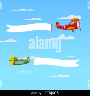 Red retro airplanes aircraft with advertising banner ribbon in the cloudy sky. Vector isolated illustration Stock Vector