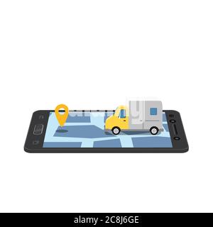 Online Delivery Concept and Shopping Online. Smartphone with truck, 3d vector isometric illustration Mobile Application. Concept Marketing. Vector Stock Vector