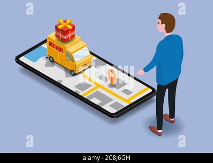 Isometry cargo delivery smartphone buyer, van, truck, route of navigation of the city map, point of delivery, vector, GPS navigation application Stock Vector