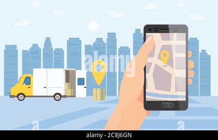 Delivery truck service. Hand hold smartphone application for parcel shipment tracking map. 24 7 delivery van. Vector illustration logistics poster for Stock Vector
