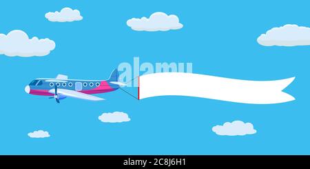Cargo airplane aircraft with advertising banner ribbon in the cloudy sky. Vector isolated illustration Stock Vector