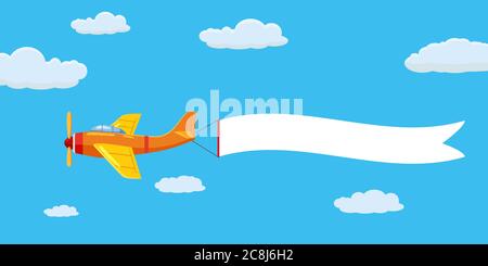 Speed airplane aircraft with advertising banner ribbon in the cloudy sky. Vector isolated illustration Stock Vector