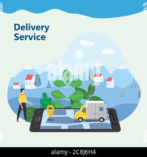 Delivery Van Express concept. Checking delivery service app on mobile phone online tracking. Fast Delivery truck on smartphone and city background Stock Vector