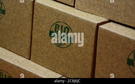 Bio stamp printed on cardboard box. Ecology, environment, natural food ...