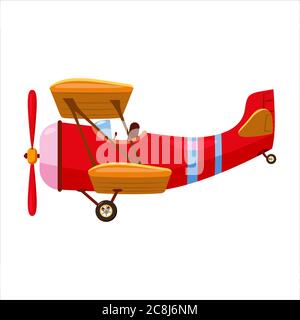 Vintage airplane biplane cartoon retro red colour. Vector isolated cartoon style Stock Vector