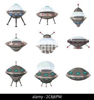 UFO set, alien spaceships, cartoon style, isolated, vector, illustration Stock Vector