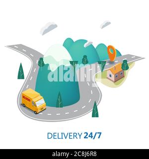 Delivery service concept, truck, van, landscape mountaince road, 3d vector isometric illustration, online order tracking, Concept Marketing. Vector Stock Vector