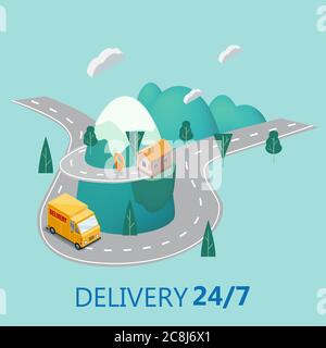 Delivery service concept, truck, van, landscape mountaince road, 3d vector isometric illustration, online order tracking, Concept Marketing. Vector Stock Vector