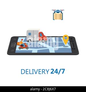Online Delivery Concept and Shopping Online. Smartphone with truck, 3d vector isometric illustration Mobile Application. Concept Marketing. Vector Stock Vector