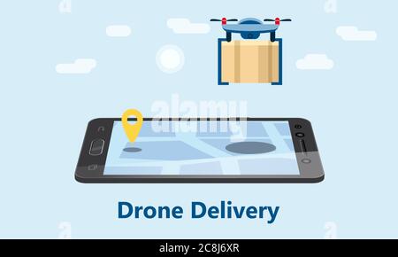 The concept of delivery of the drone flies with the mail, the delivery of parcels. Smartphone, isometric. Internet delivery, concept, idea, vector Stock Vector