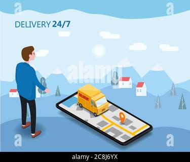 Online Delivery Concept and Shopping Online. Smartphone with buyer man moped, truck, drone, buyer, 3d vector isometric digital marketing illustration Stock Vector