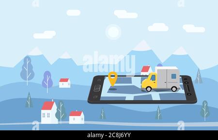 Delivery Van Express concept. Checking delivery service app on mobile phone online tracking. Fast Delivery truck on smartphone and city background Stock Vector