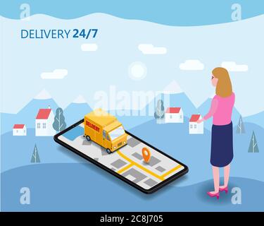 Online Delivery Concept and Shopping Online. Smartphone with buyer woman moped, truck, drone, buyer, 3d vector isometric digital marketing Stock Vector