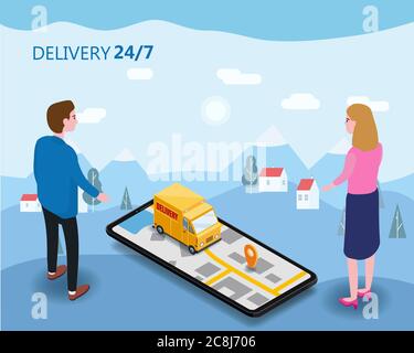 Online Delivery Concept and Shopping Online. Smartphone with buyer man woman moped, truck, drone, buyer, 3d vector isometric digital marketing Stock Vector